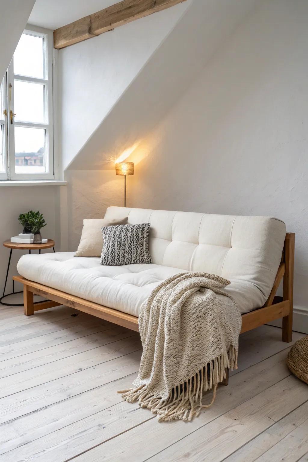 Angle a linen futon into the corner to create a calm, cozy nook for reading and relaxing.