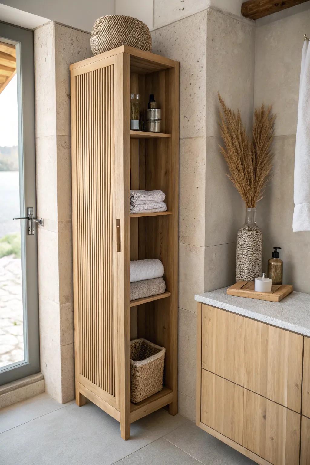A slim “storage spine” cabinet keeps this galley bathroom serene, airy, and organized.