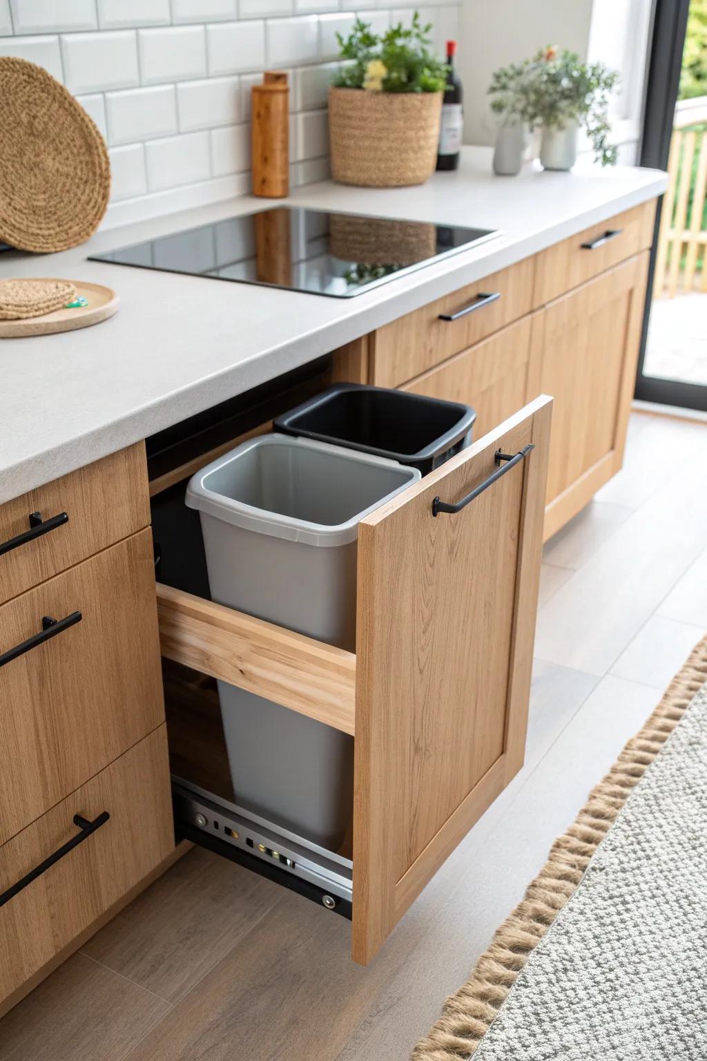Built-in trash pull-out keeps a galley kitchen aisle clear—sleek, hidden, and so practical.