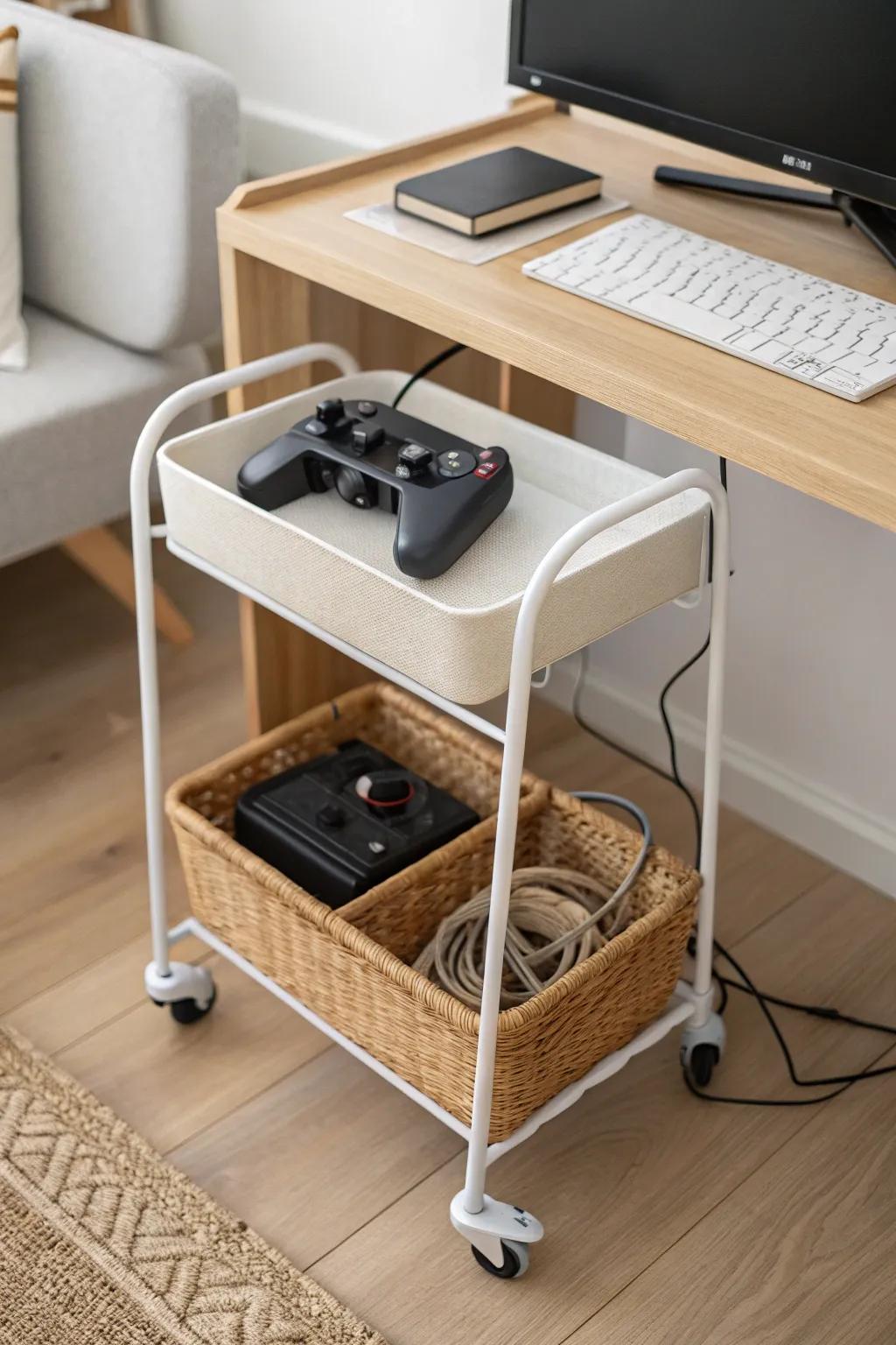 A rolling console cart that docks under your desk—small-space storage with a calm, minimal look.