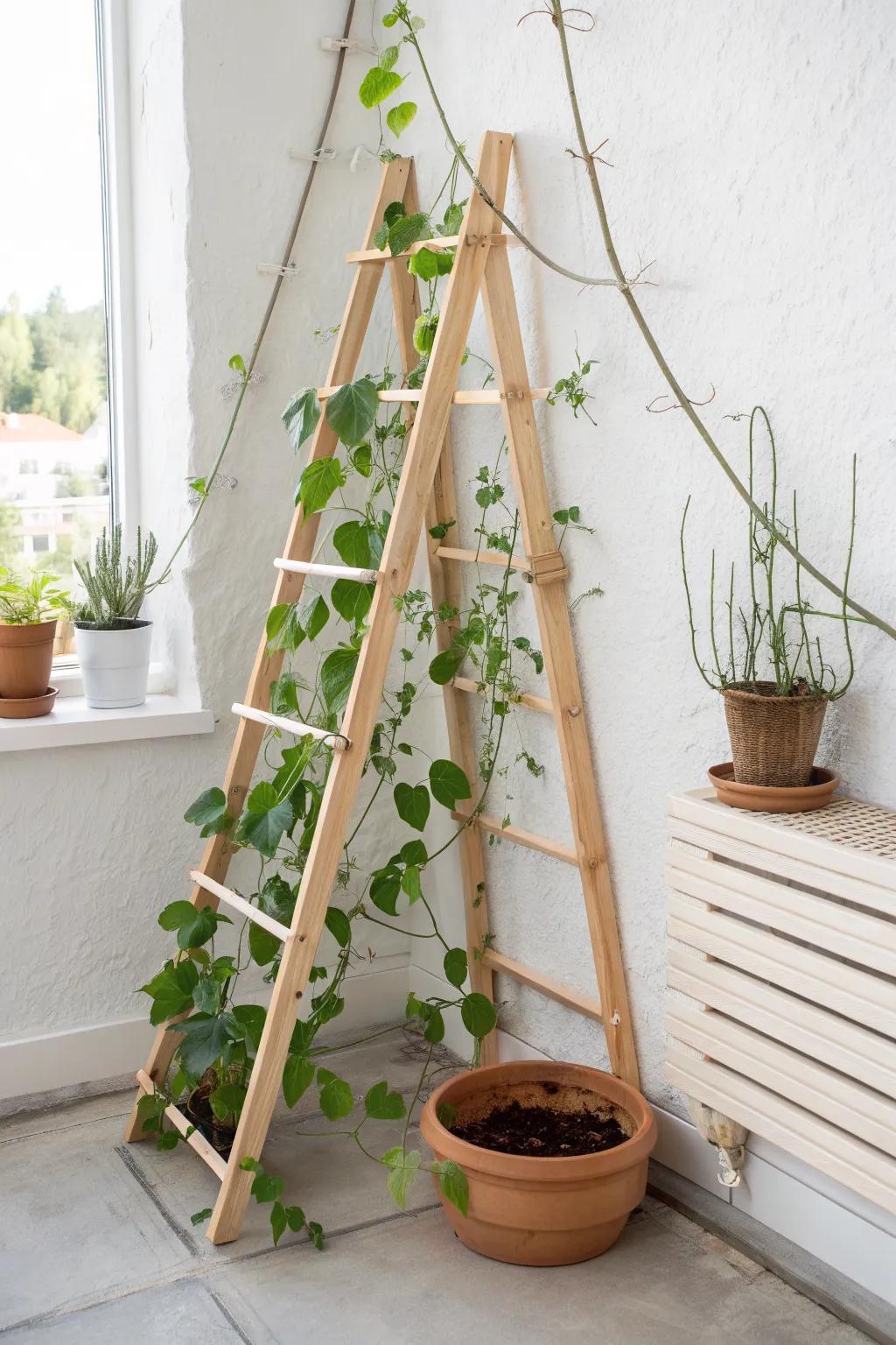 Small-space garden win: an A-frame trellis turns one sunny corner into a vertical veggie patch.