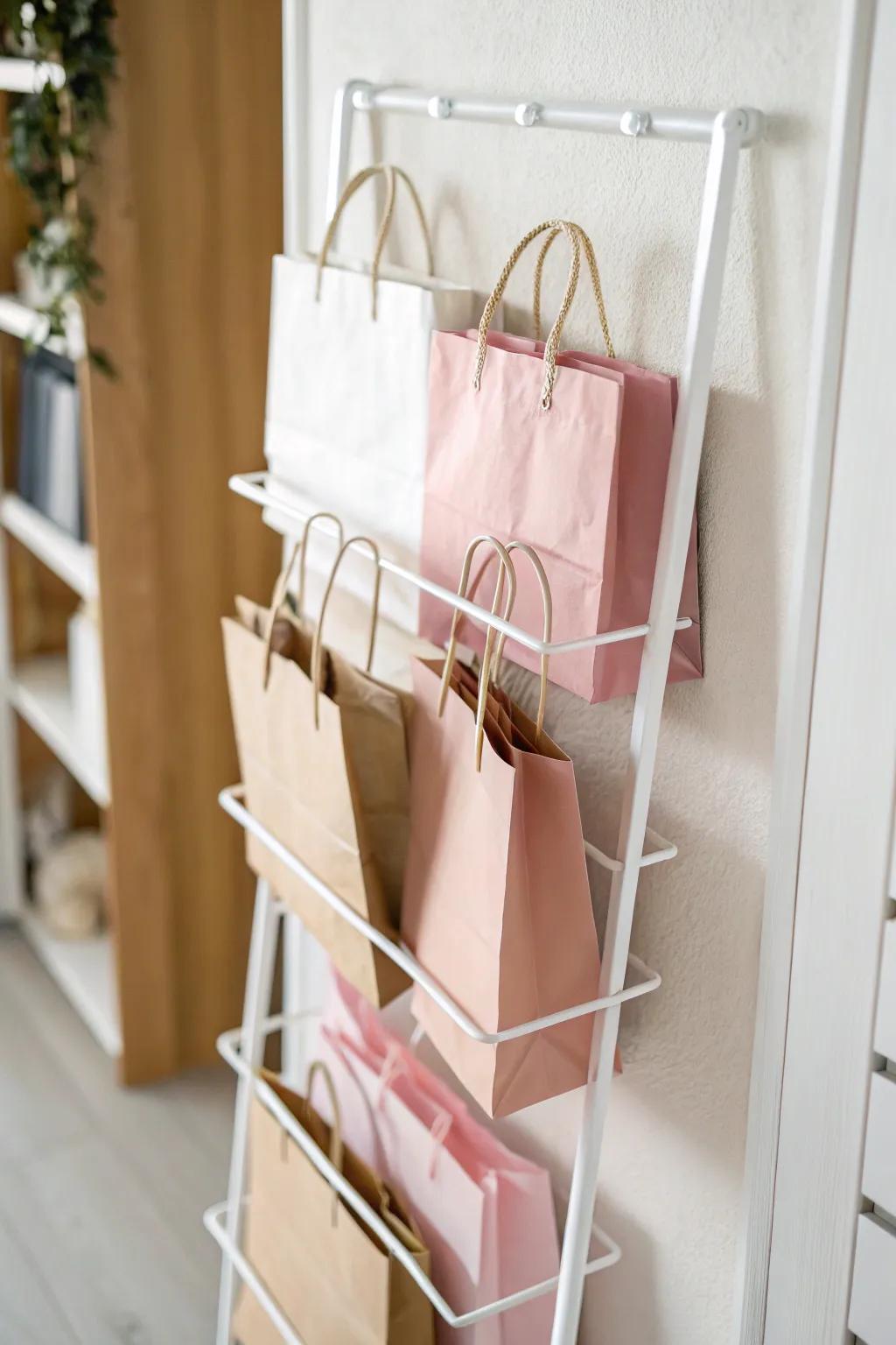 A slim wall rack turns gift bags into a neat “shop display” slot—no crumples, all easy to grab.