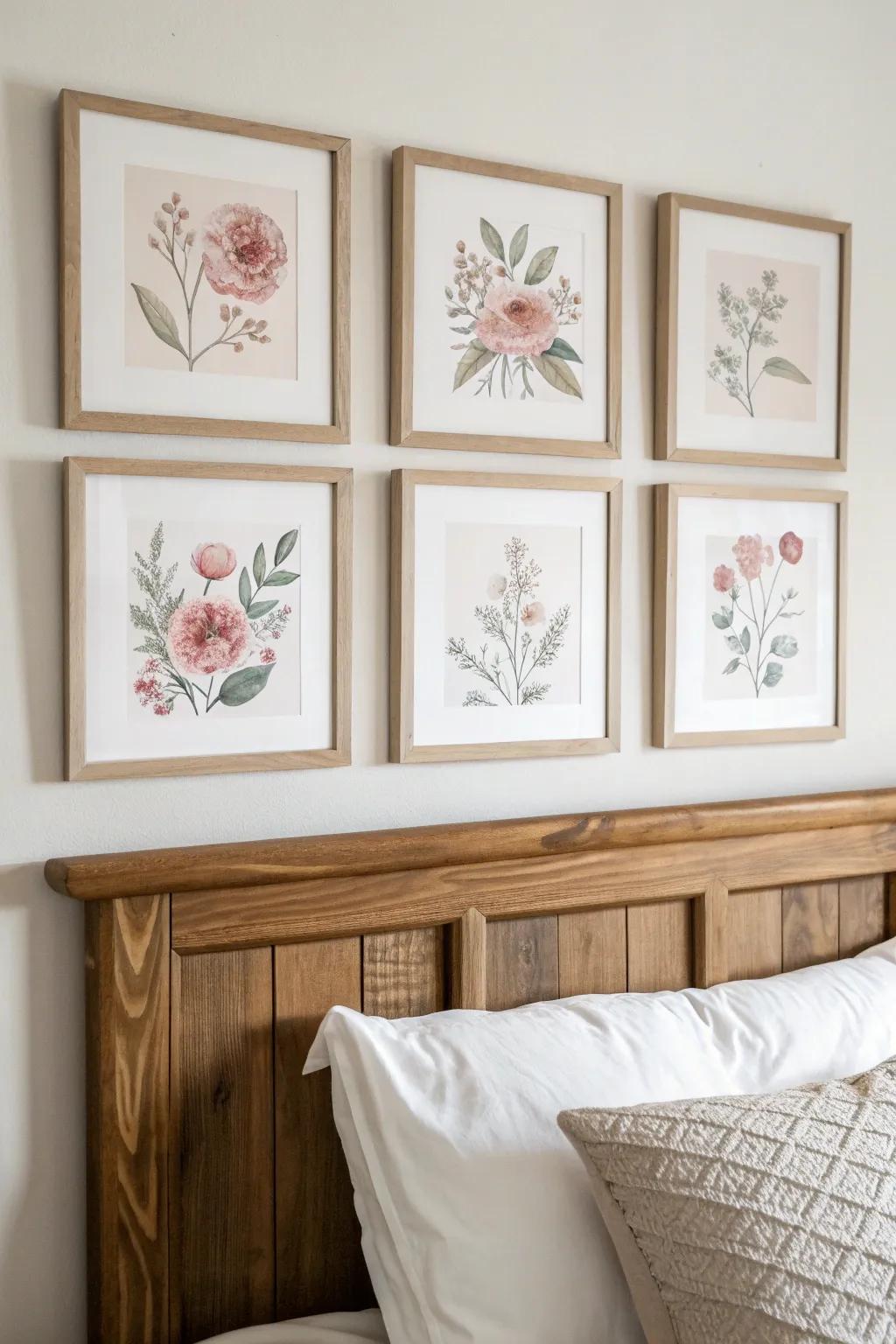 Mirrored art grids in matching frames bring instant calm and symmetry to a girls’ shared room.