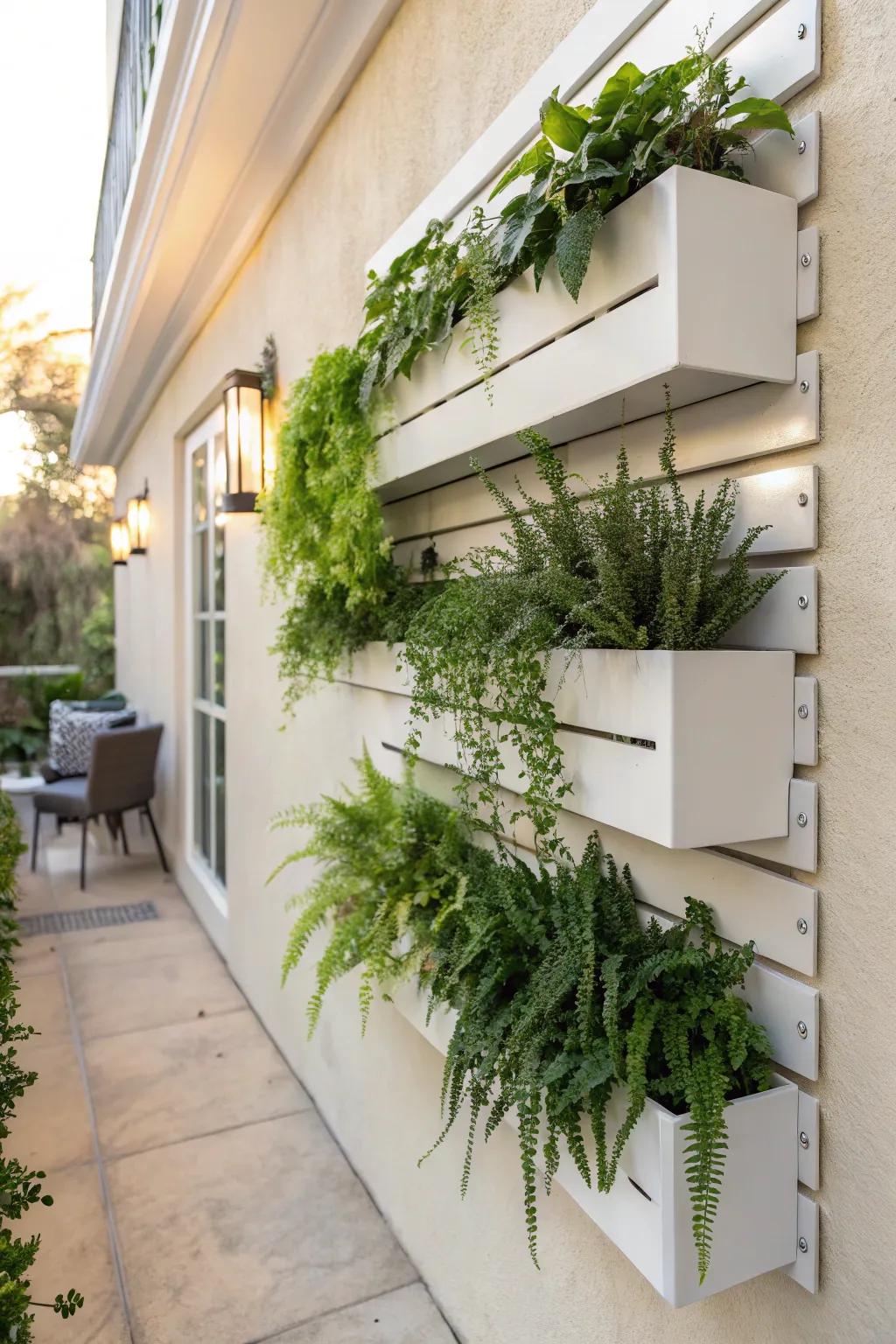 Gutter-style vertical garden: clean rows of lush greenery for a tidy, small-space green wall.
