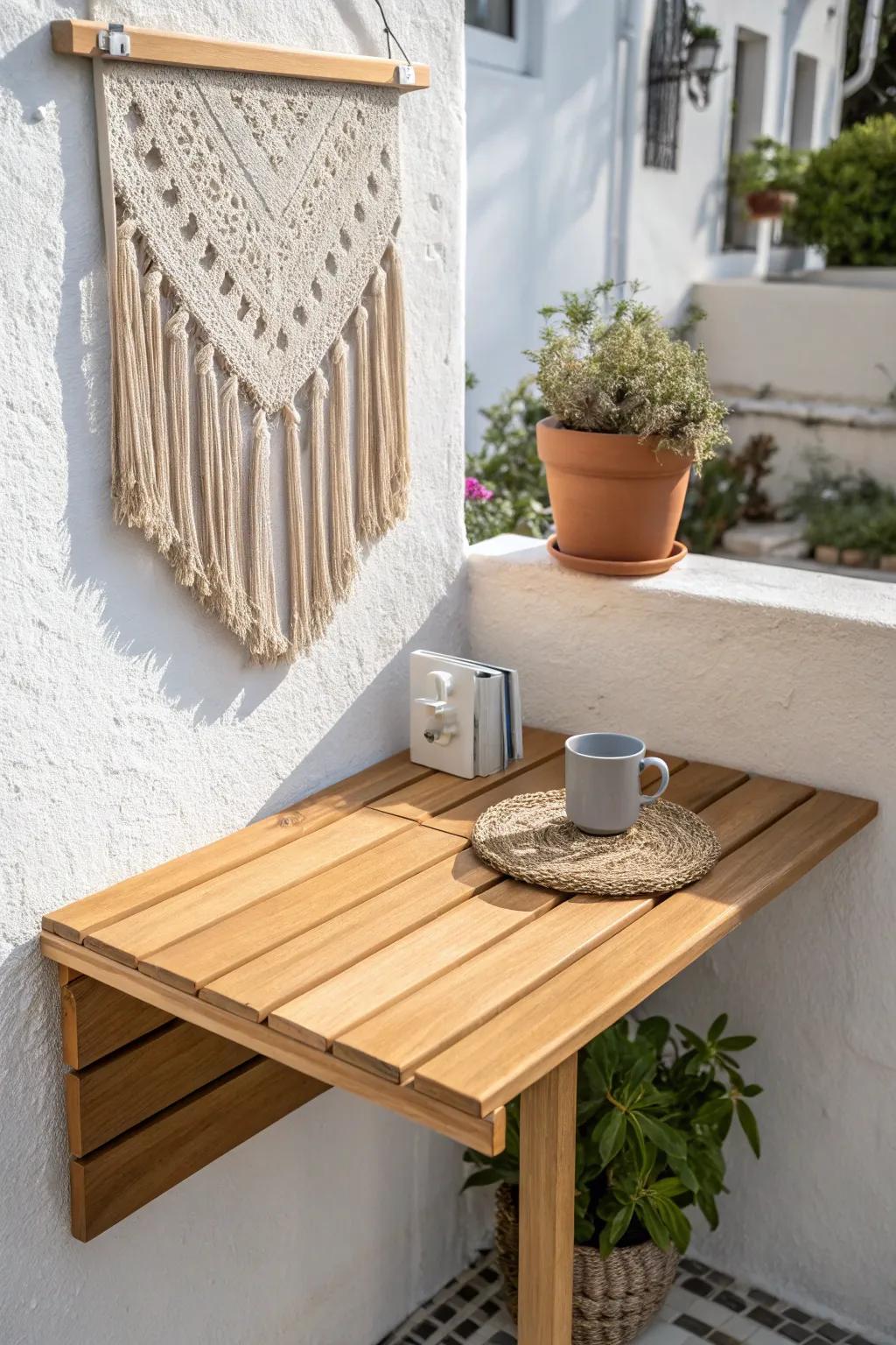 A fold-down patio table adds instant surface space—then folds away for more room.