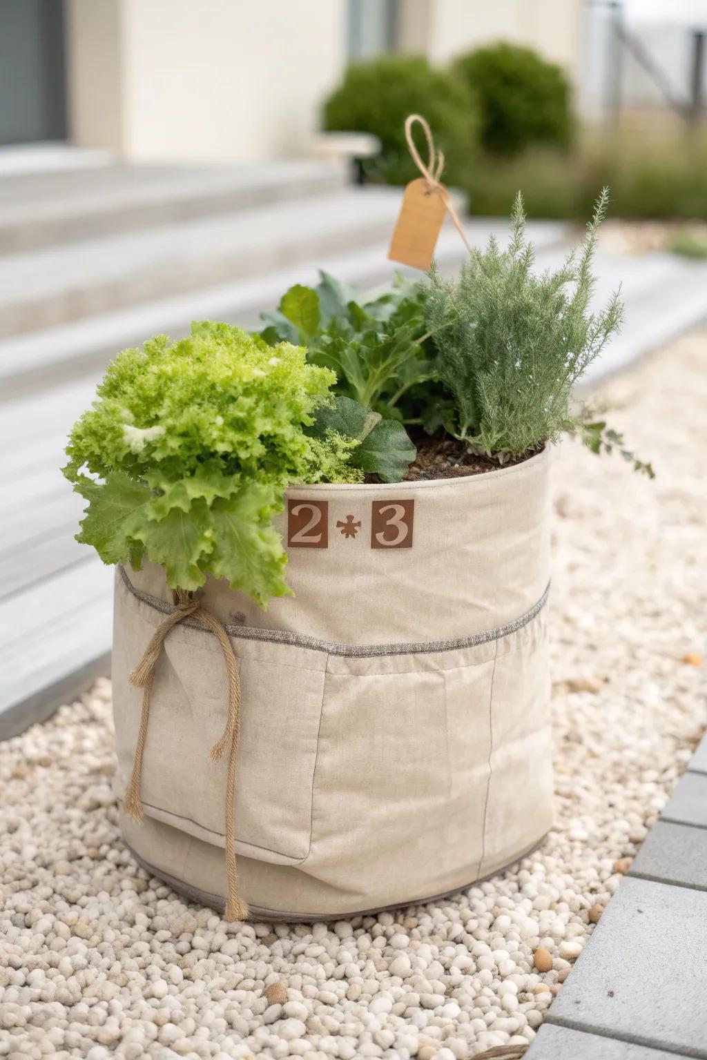 A single grow bag on gravel—an easy “row” look that makes small outdoor strips feel intentional.