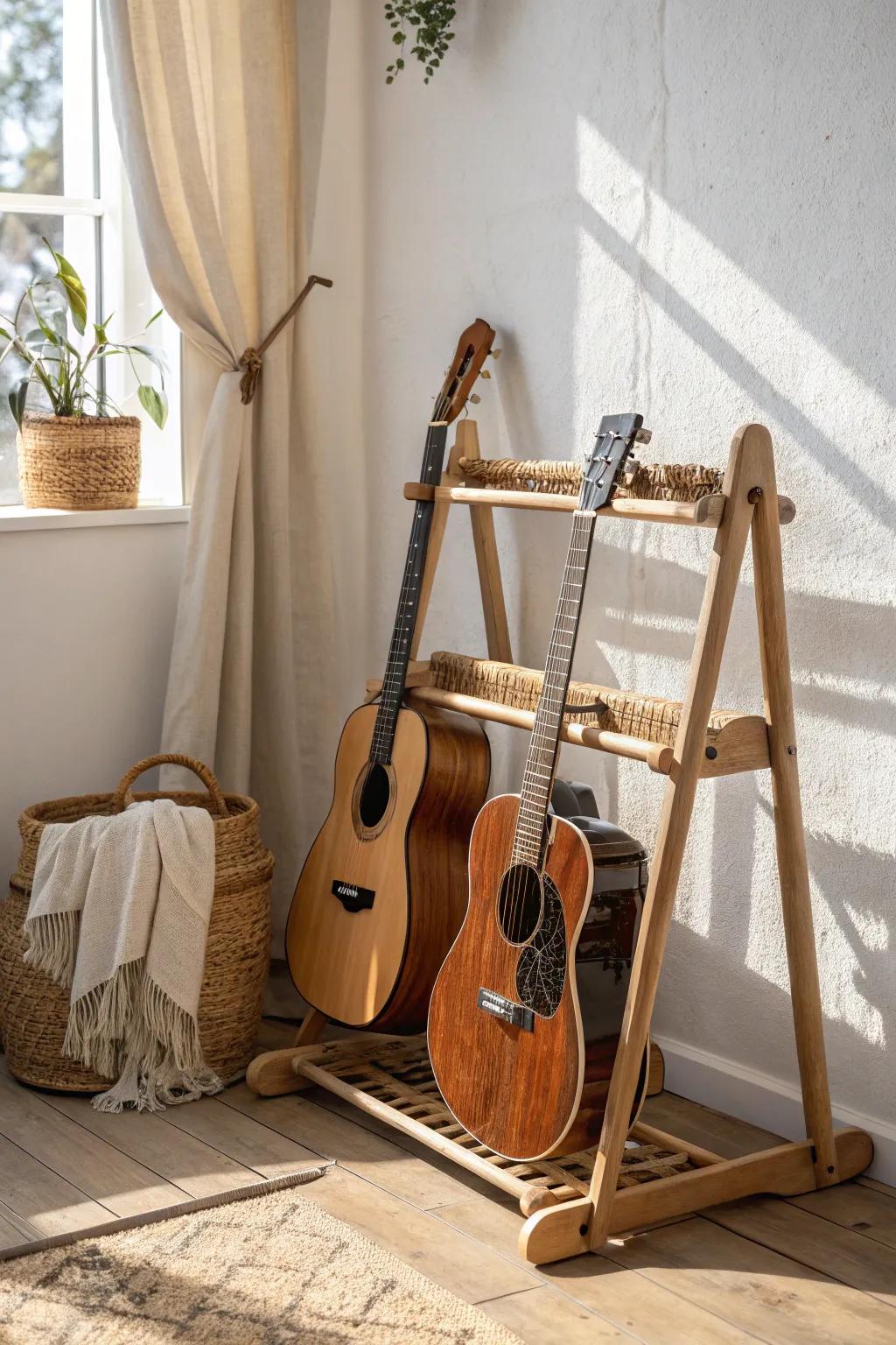 A wheeled oak guitar rack that rolls from practice mode to tidy corner in seconds.
