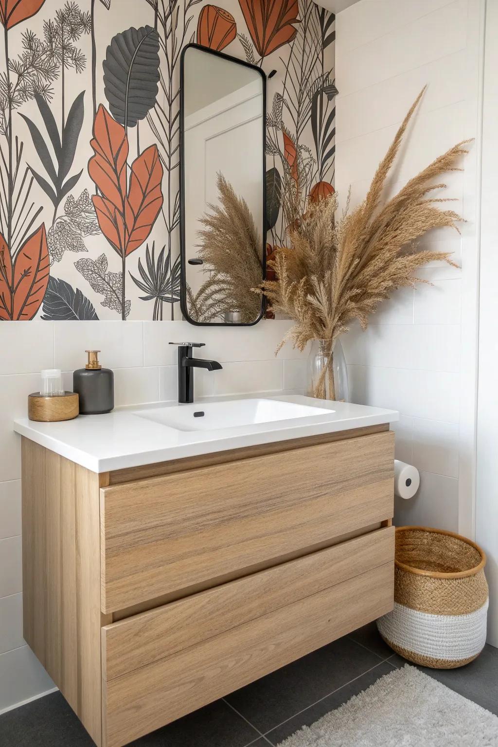 A bold wallpaper moment turns a tiny vanity wall into the star—simple, clean, and chic.