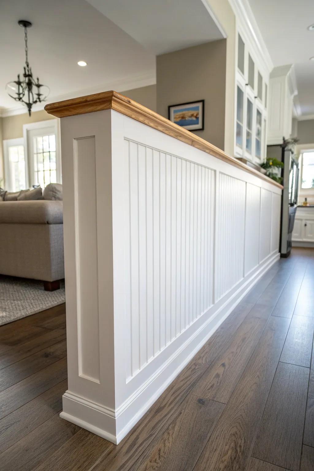Elevate a simple half wall with fluted panels—instant custom charm for tiny open spaces.
