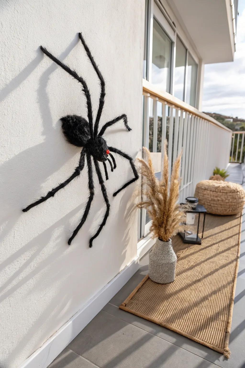 One oversized balcony spider climbing the wall—minimal, bold, and easy to spot from the street.