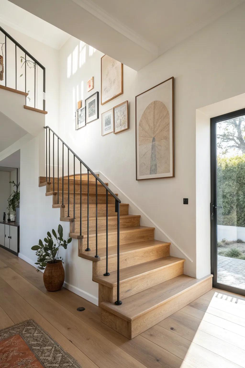 One oversized landing artwork turns a plain stairwell into a calm, curated destination.