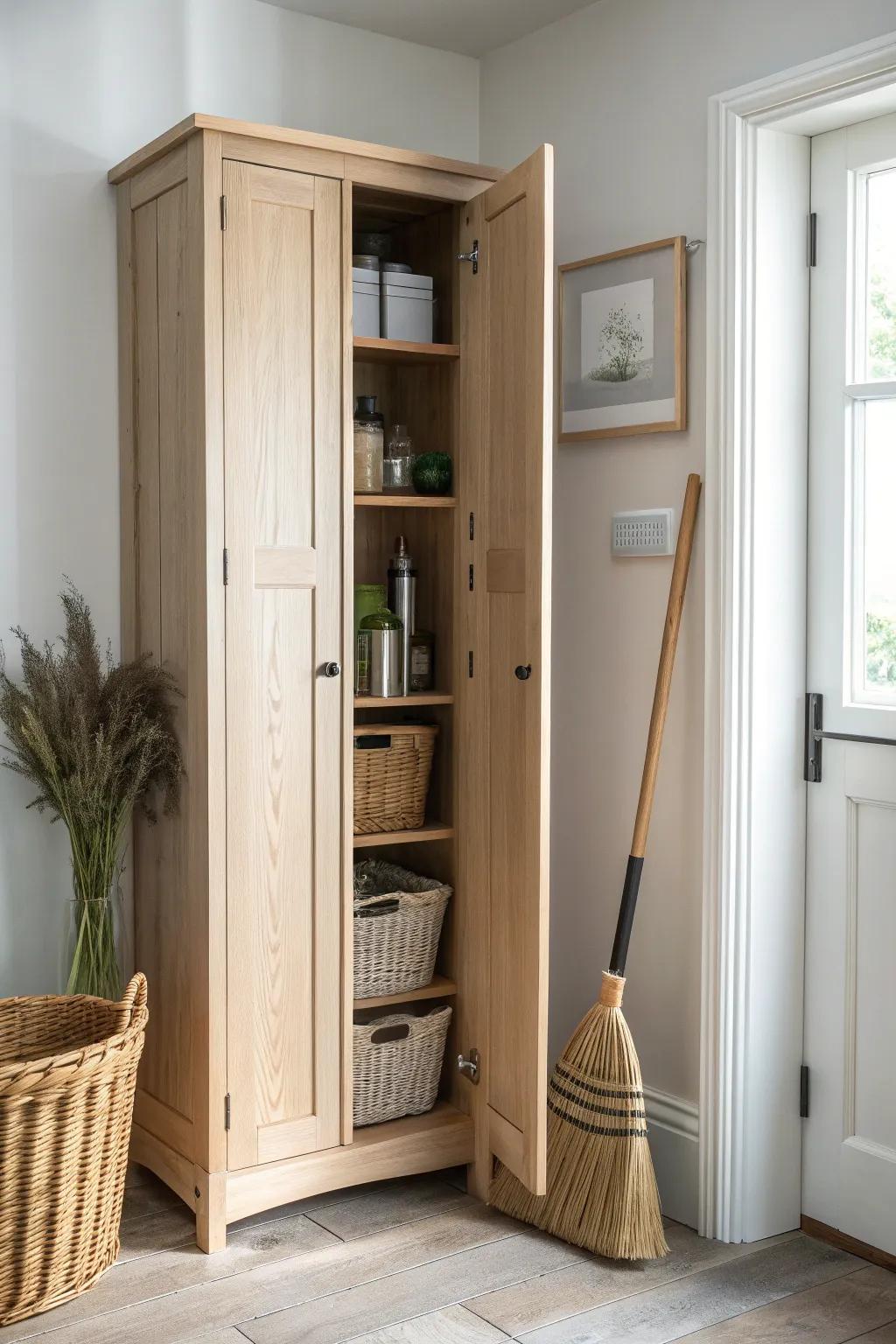 A slim hallway broom cabinet that hides cleaning gear beautifully—calm, tidy, and space-smart.