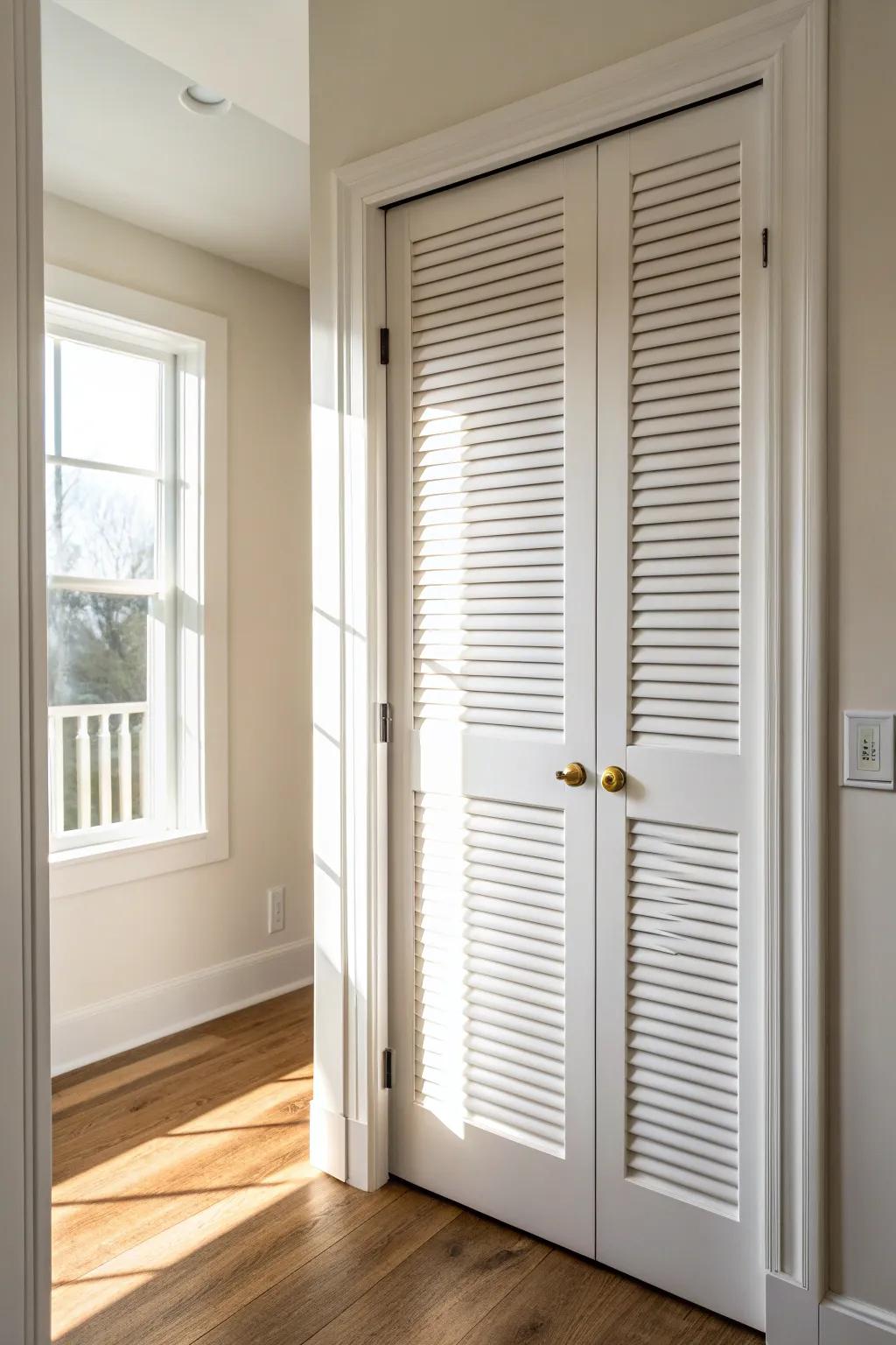 Louvered closet doors bring breezy airflow and beautiful texture—ideal for a tiny hallway linen nook.