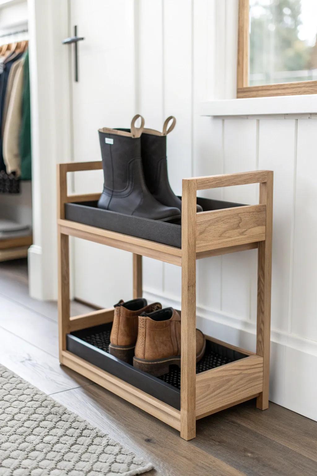 A two-level boot setup: waterproof tray below for wet pairs, raised rack above for clean boots.