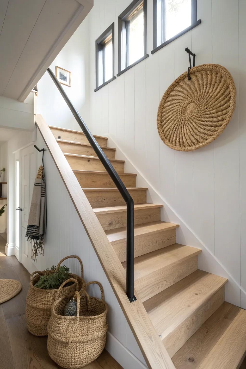 Paint the stairway wall one shade deeper for a cozy, framed look with subtle drama.