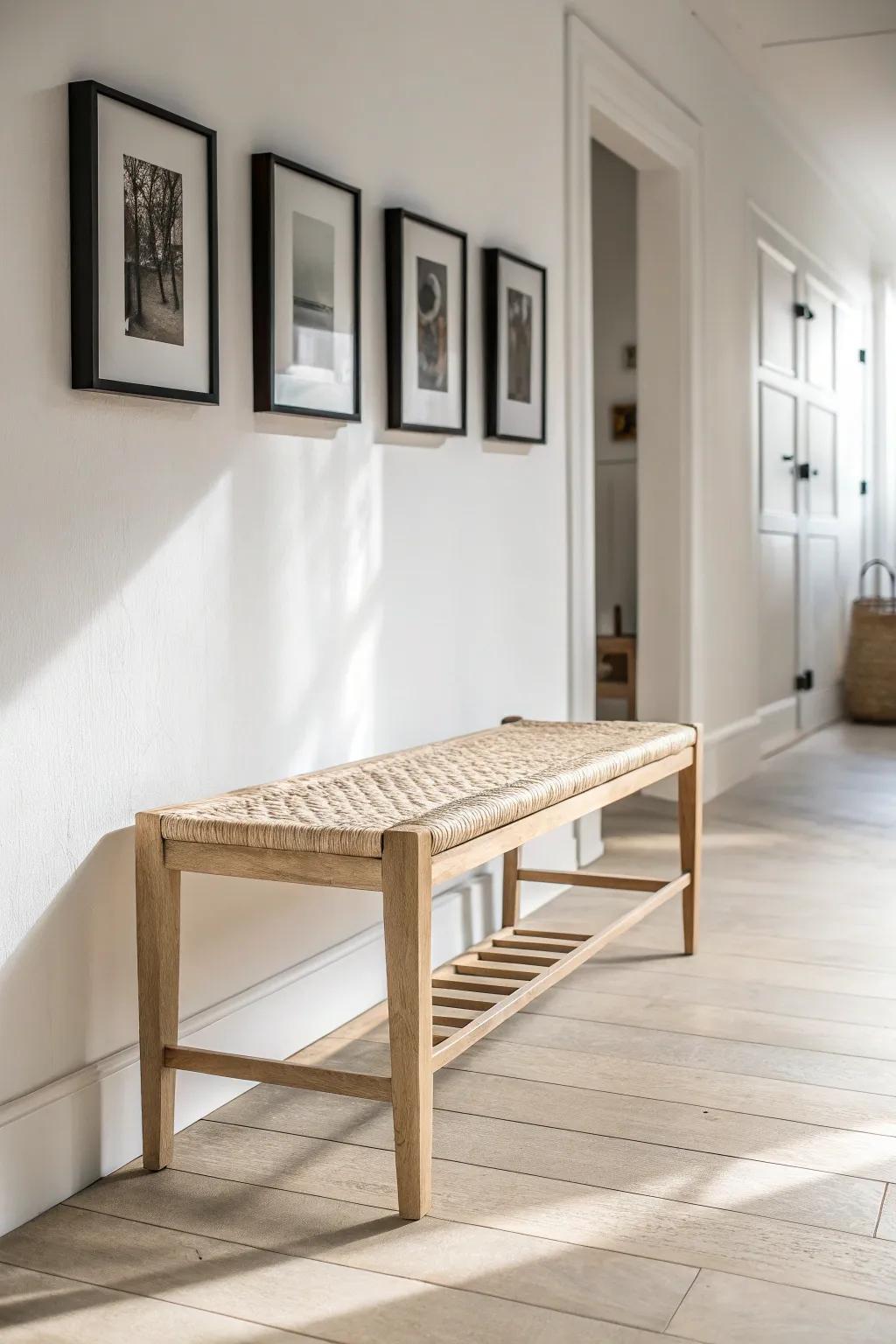 A slim woven bench beneath the gallery wall creates a chic hallway pause spot for slipping on shoes.