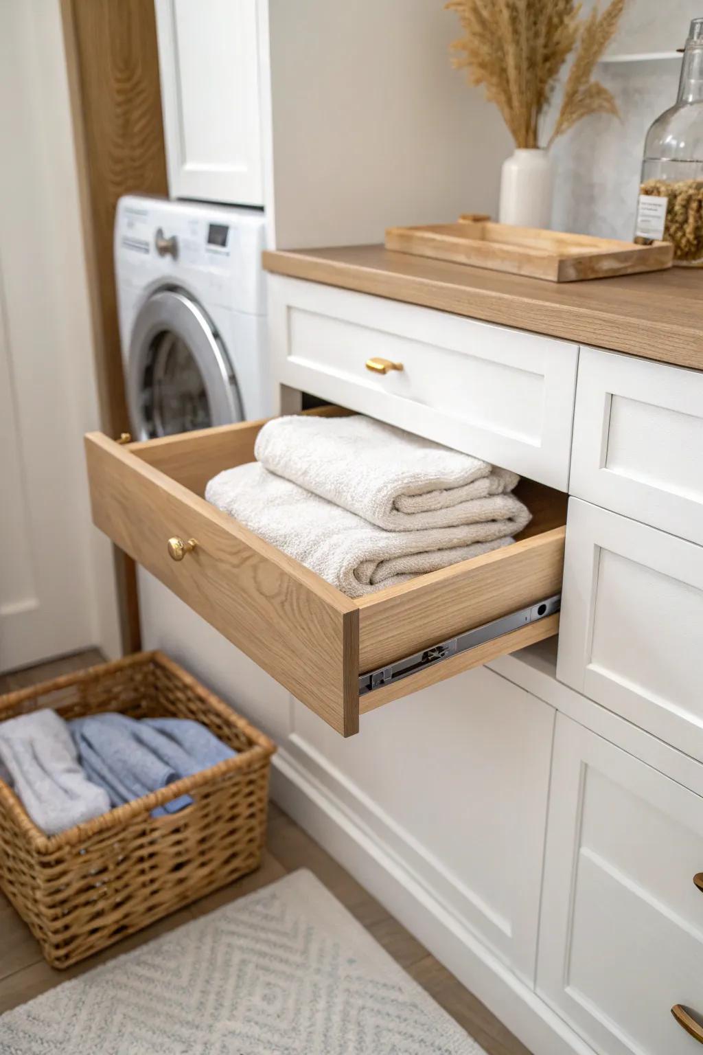 A slim pull-out folding shelf turns a hallway laundry closet into a custom, space-smart station.