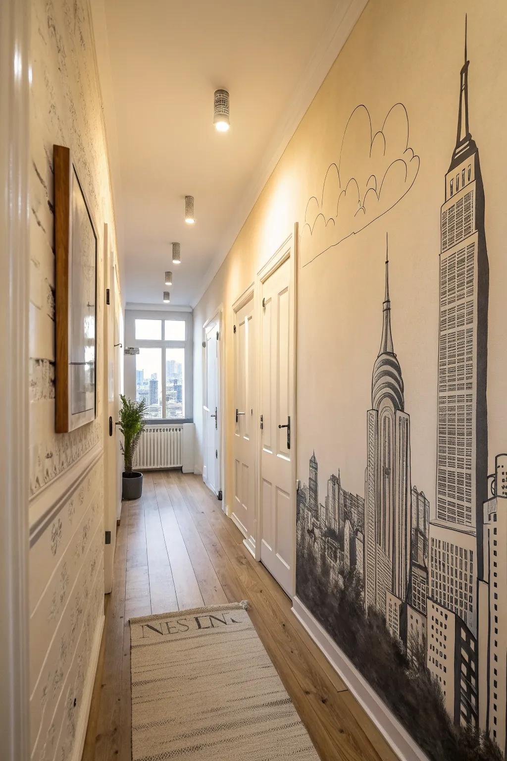 Soft, hazy skyline perspective mural that makes a small hallway feel deeper and more urban.