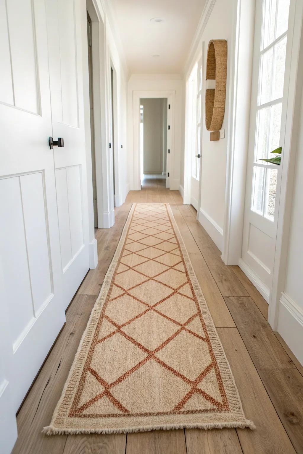 Handwoven runner rug that visually widens the hallway and guides you straight into the nook.