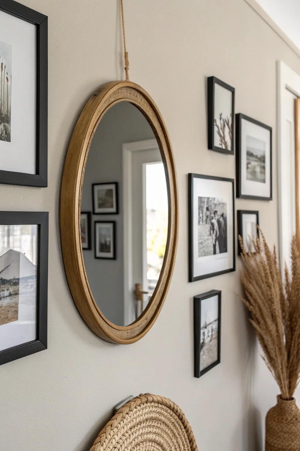 Tuck a petite round mirror into your photo wall to brighten and break up the frames.