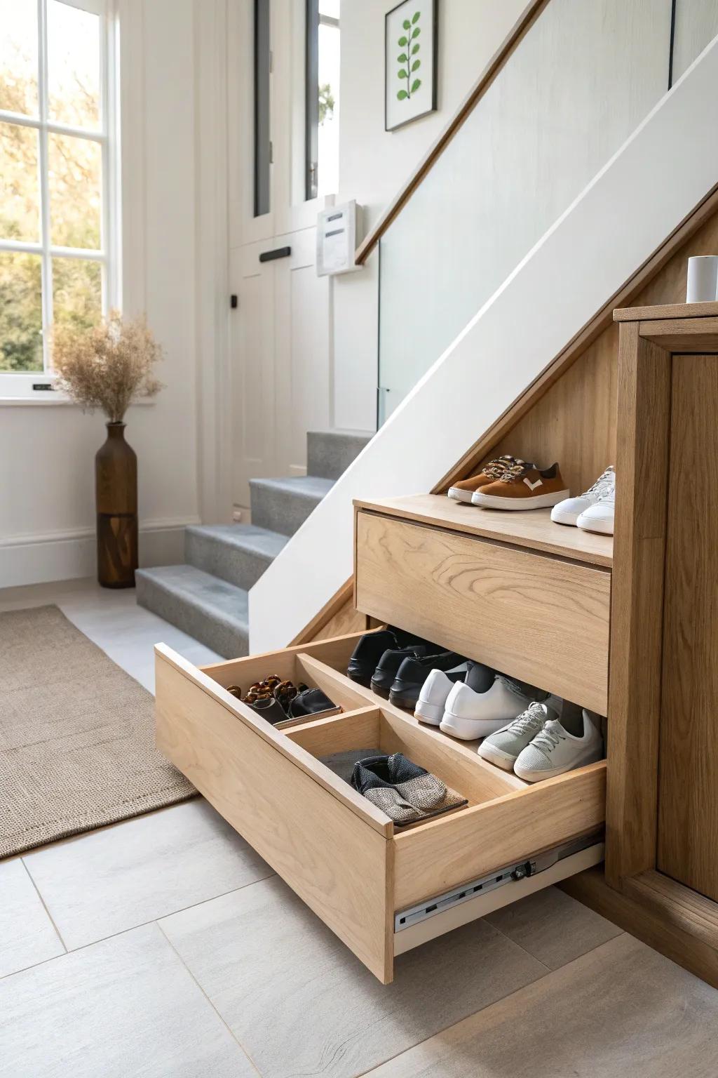 Under-stair shoe drawers: a sleek, hidden hallway solution that keeps entryways serene.