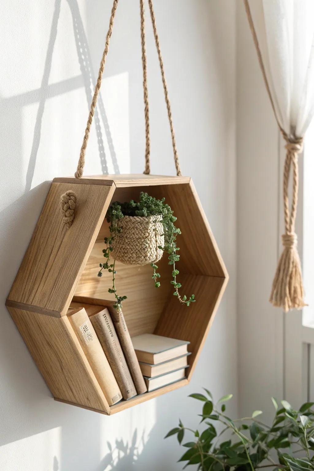 Hexagon hanging shelf: curated books + a trailing plant for a soft, airy small-space corner.