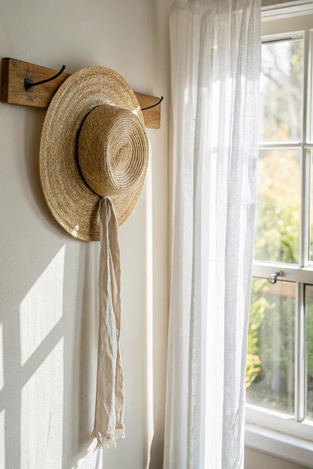 A single straw hat above the window adds a playful border without stealing any light.