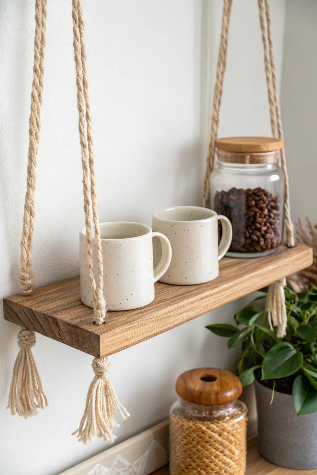Mini coffee bar hanging shelf: mugs, beans, and a sweet stirrer jar—tiny ritual, zero clutter.