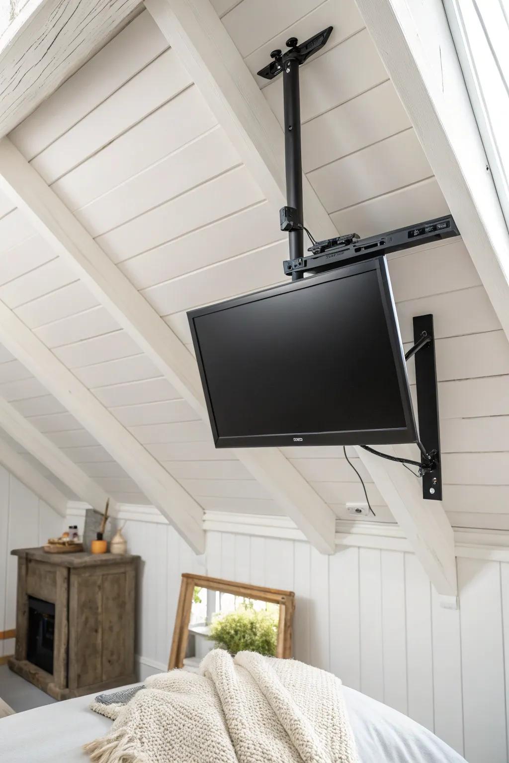 Sleek sloped-ceiling TV mount that keeps your screen perfectly level in an attic nook.