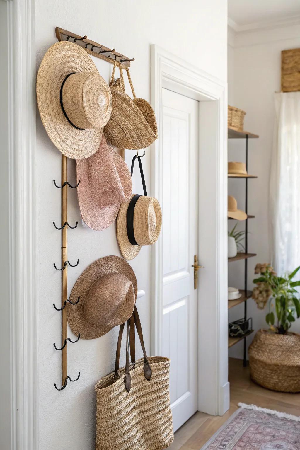 A corner-to-ceiling hat stack turns an awkward nook into a sculptural, space-saving moment.