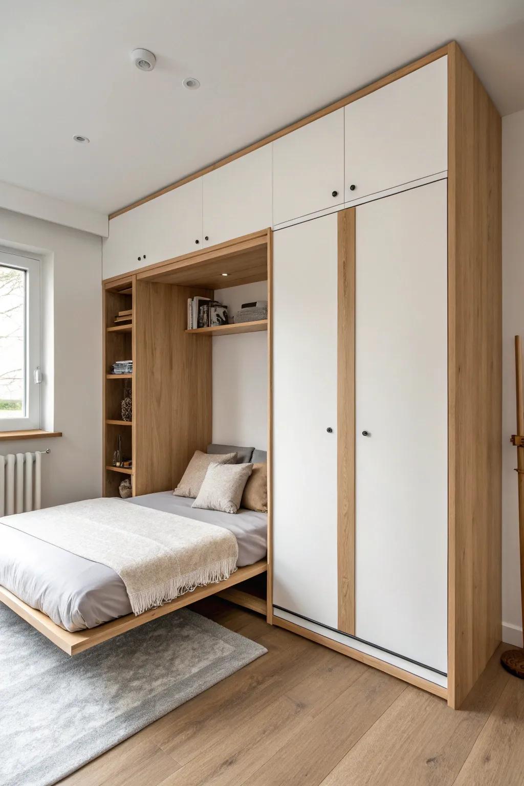 A closet that clicks shut—then folds down into a serene bed with a hidden charging shelf.