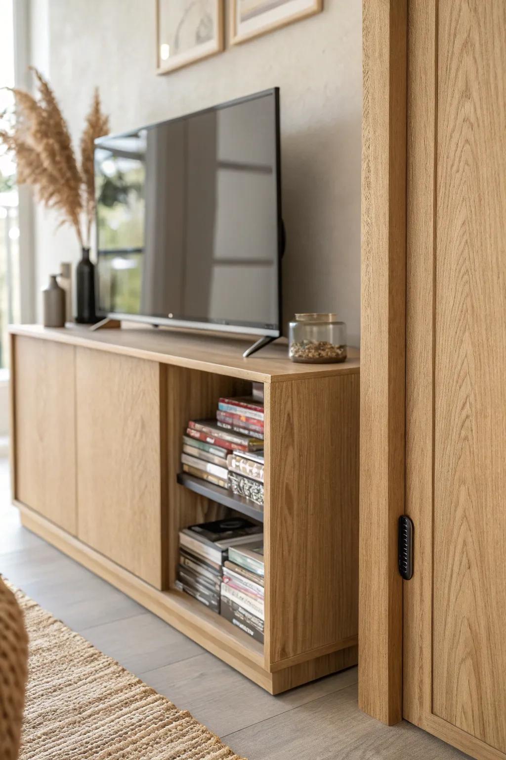 A sleek sliding oak panel reveals a hidden DVD niche—clean, minimal, and totally clutter-free.