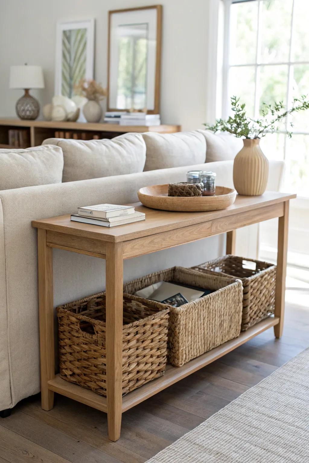 A slim behind-the-couch console hides toy baskets in plain sight—Scandi calm with boho warmth.