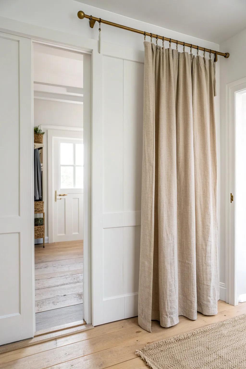A simple tension rod + linen curtain softly hides the furnace closet in a small space.