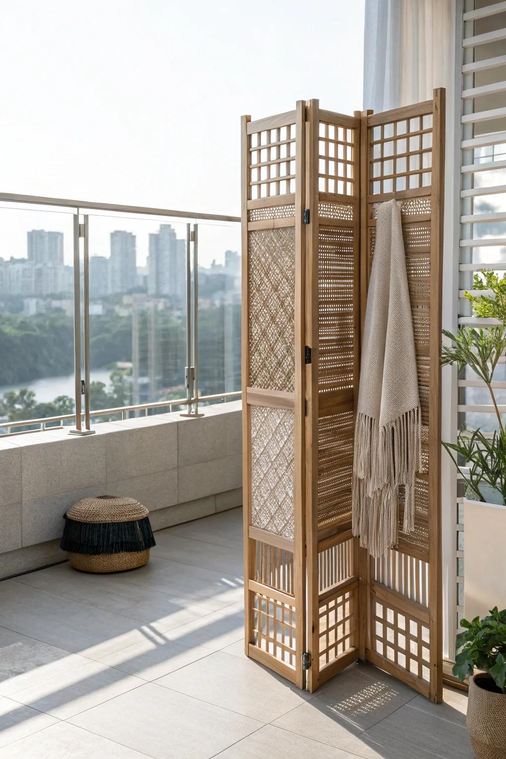 Lightweight oak lattice screen for airy high-rise privacy—minimal, warm, and beautifully simple.