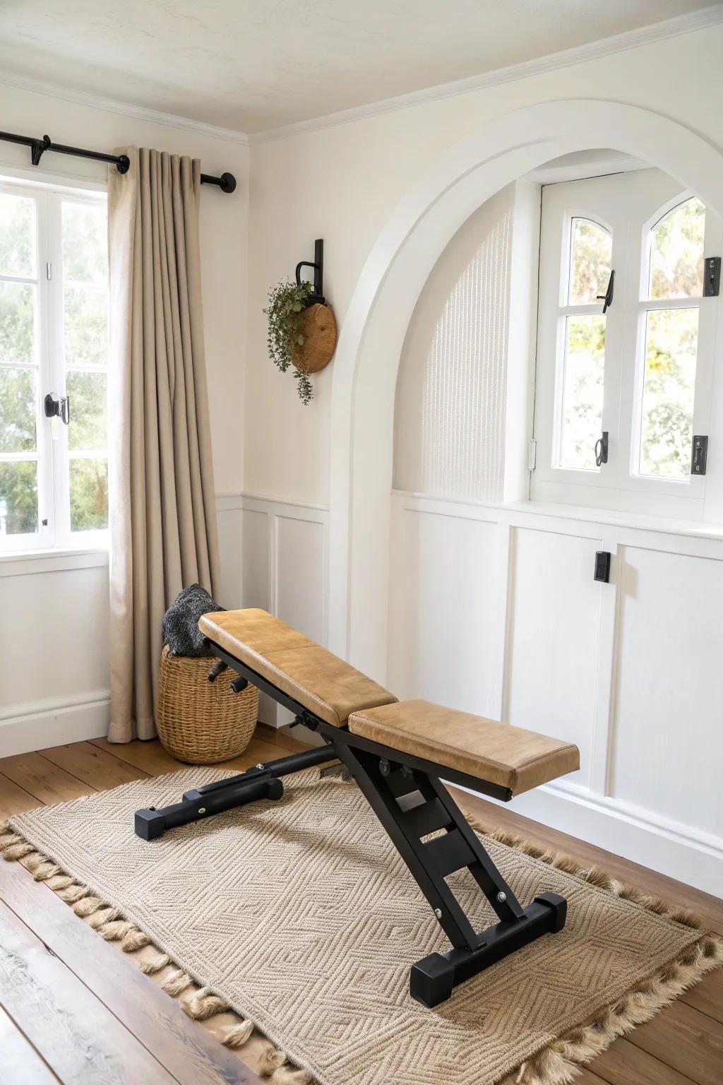 A clear parking spot for foldable gear keeps your small-space home gym tidy and breathable.