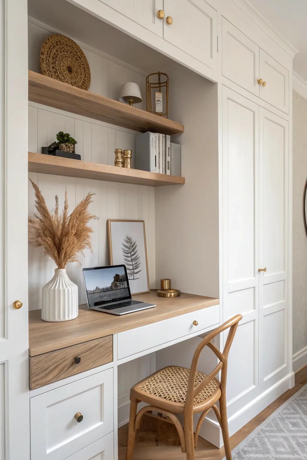 Turn a closet into a chic mini office with a floating shelf desk—guest-room friendly.