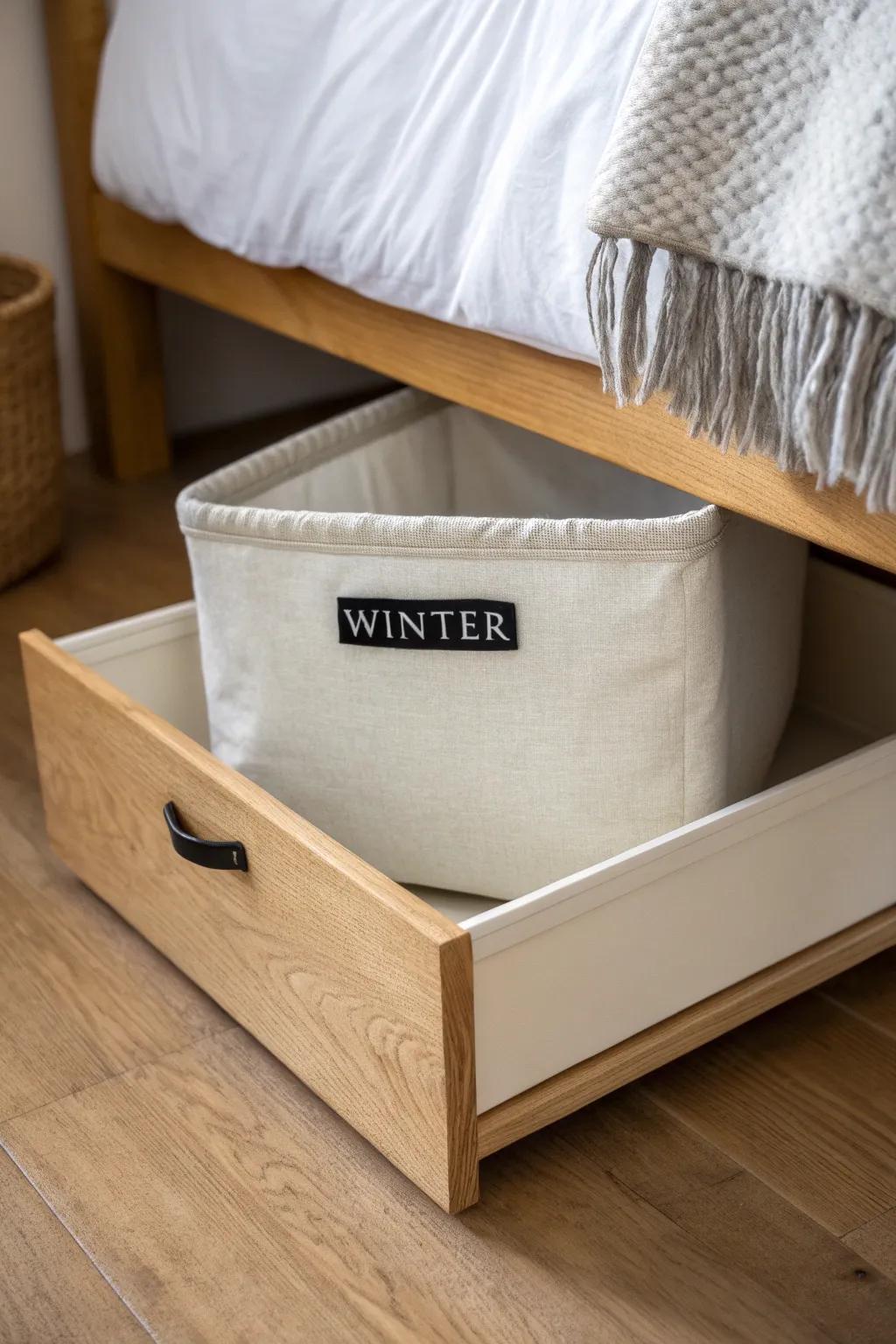 A labeled under-bed bin makes off-season storage tidy, hidden, and effortless to pull out.