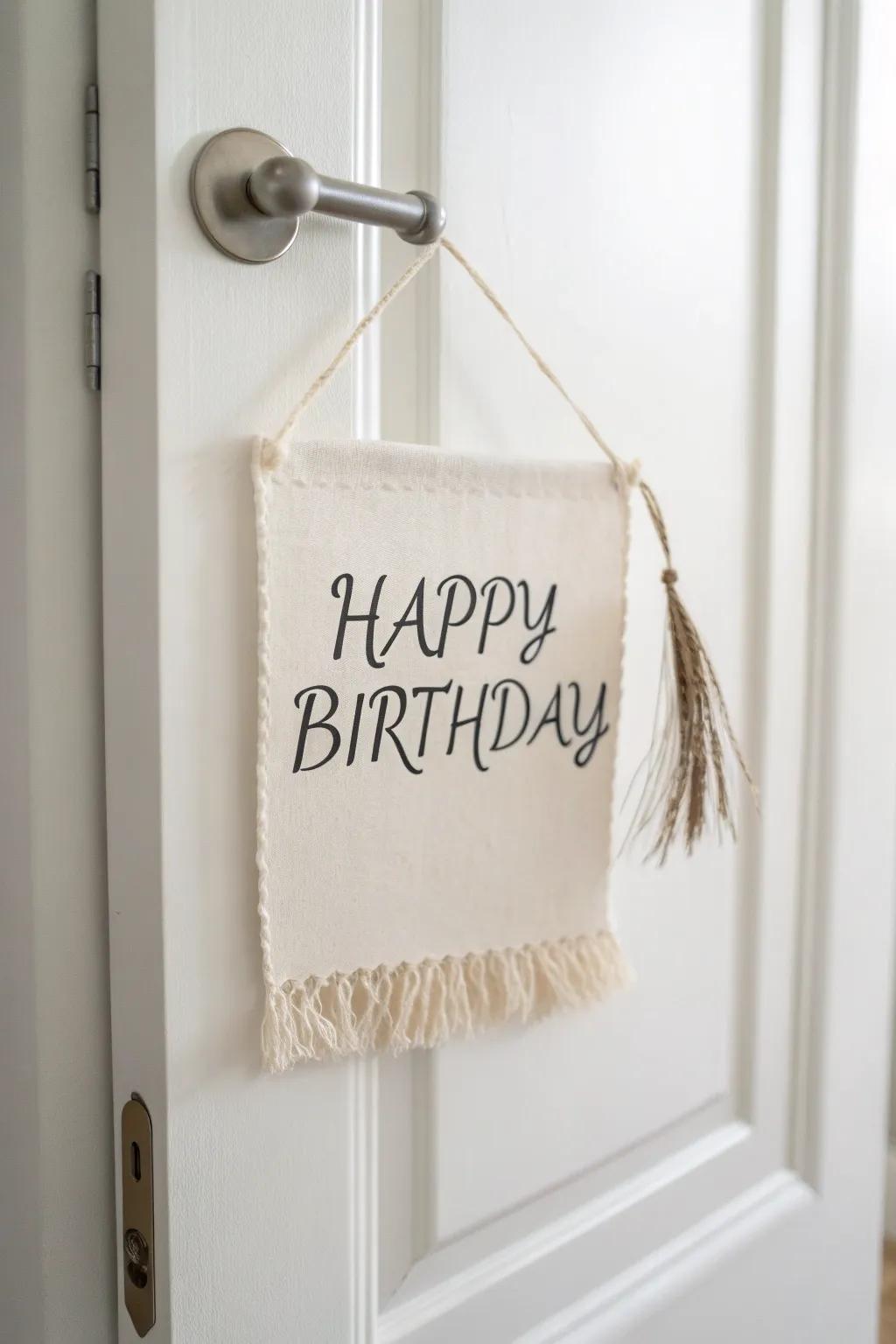 A simple handmade birthday sign on the hotel door sets the surprise mood before the bed reveal.