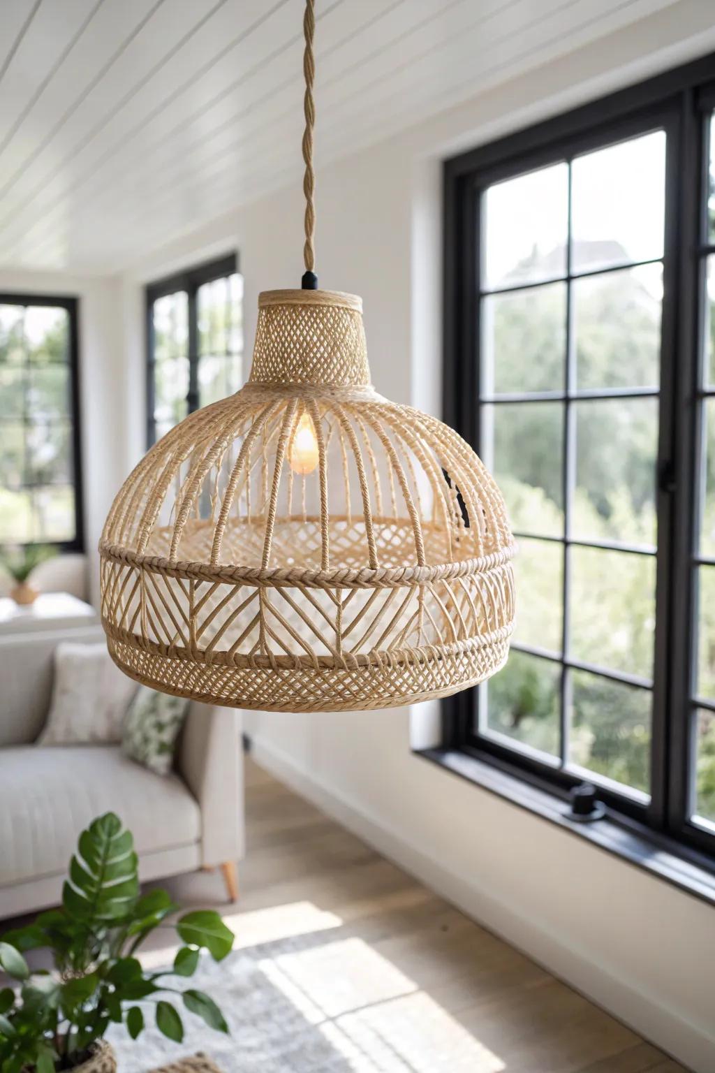 One woven pendant light instantly grounds a sunroom and makes evenings feel cozy and intentional.
