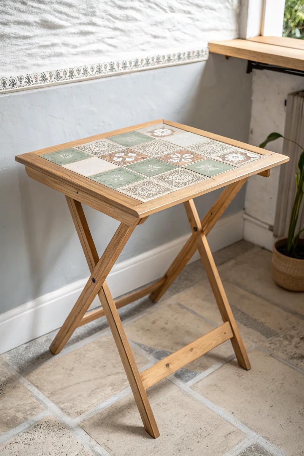 Instant upgrade: a removable tile-look topper turns a folding table into a chic vintage piece.
