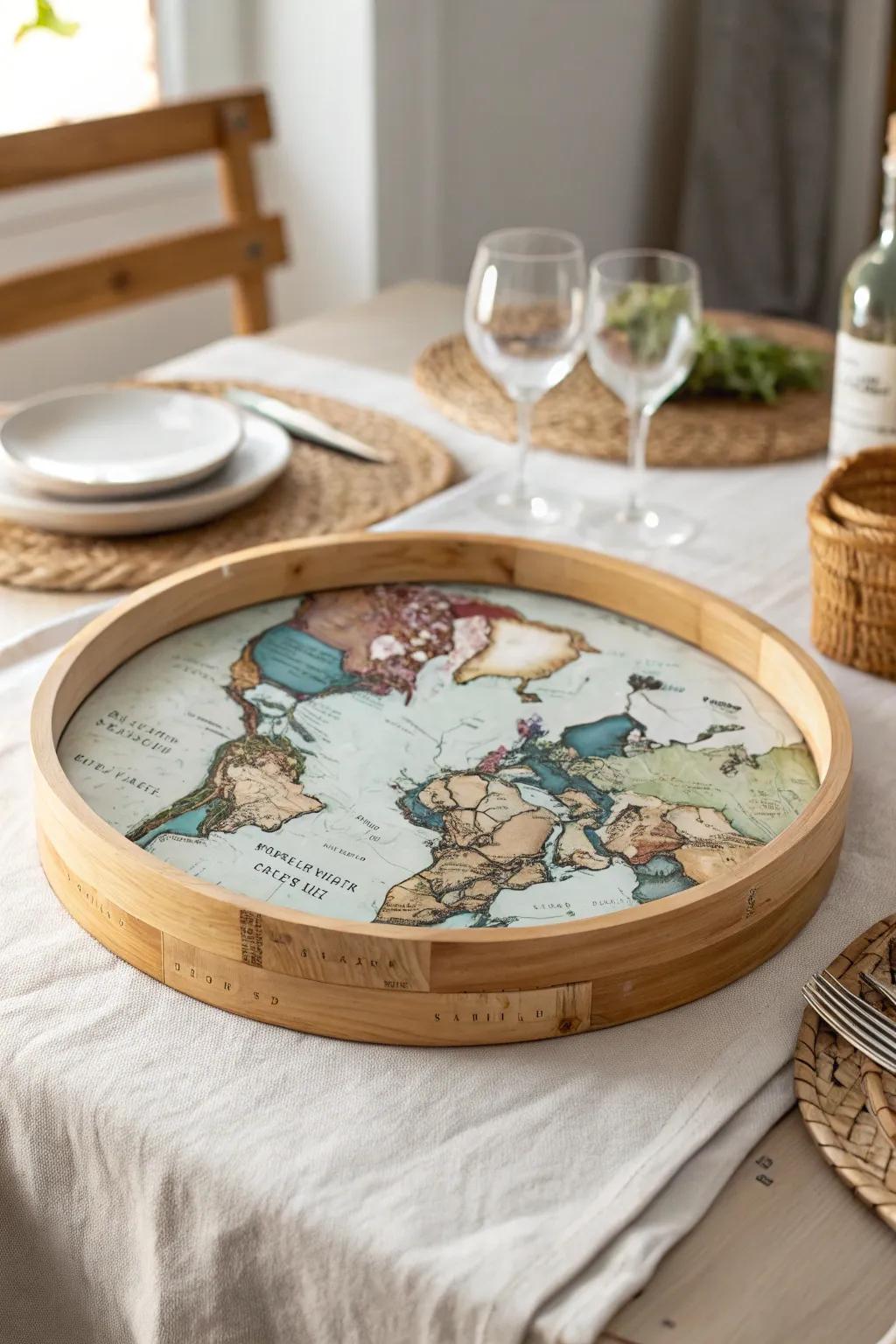 Spin your way around the world with this vintage map lazy Susan, a perfect centerpiece for wanderlusters and minimalists alike!