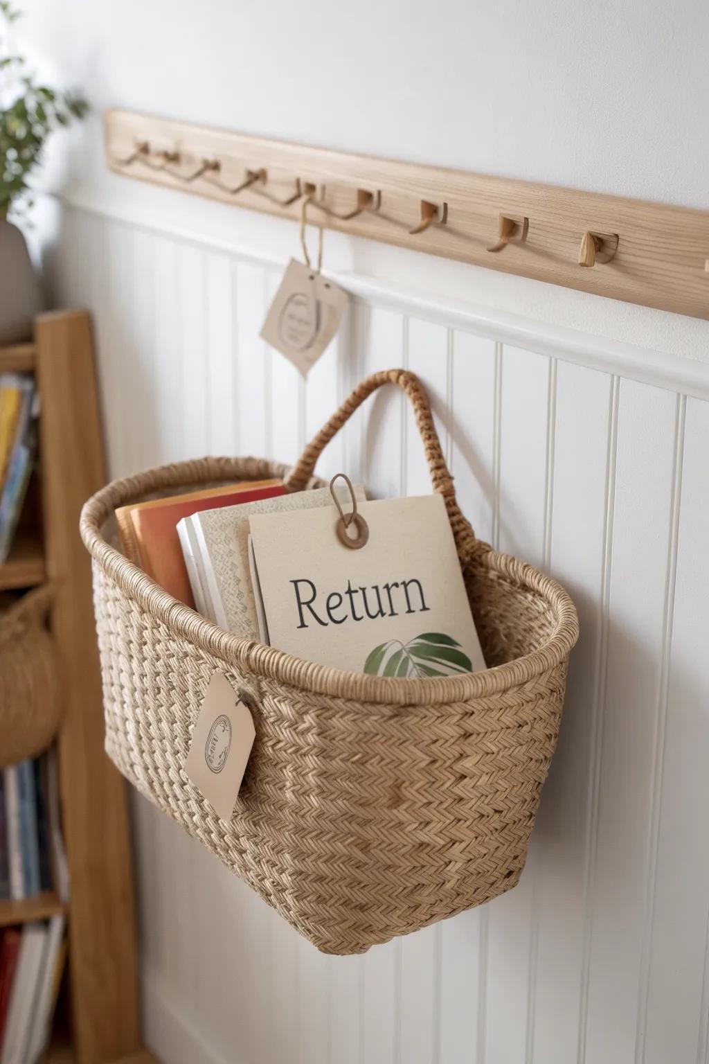 One “Return” basket by the door keeps library books, slips & instruments from getting lost.
