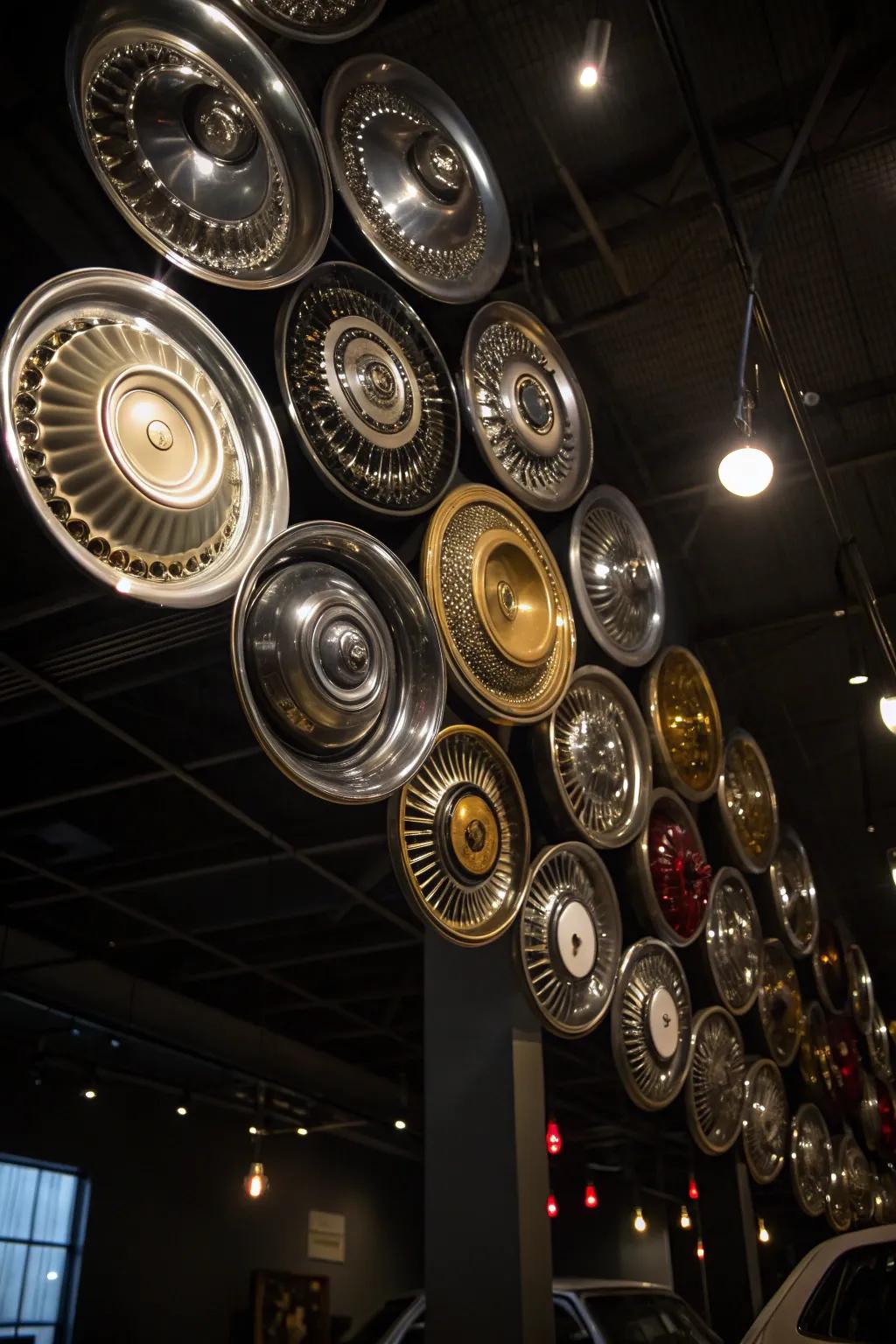 Transform your space with stunning hubcap ceiling art — where vintage craftsmanship meets modern design.