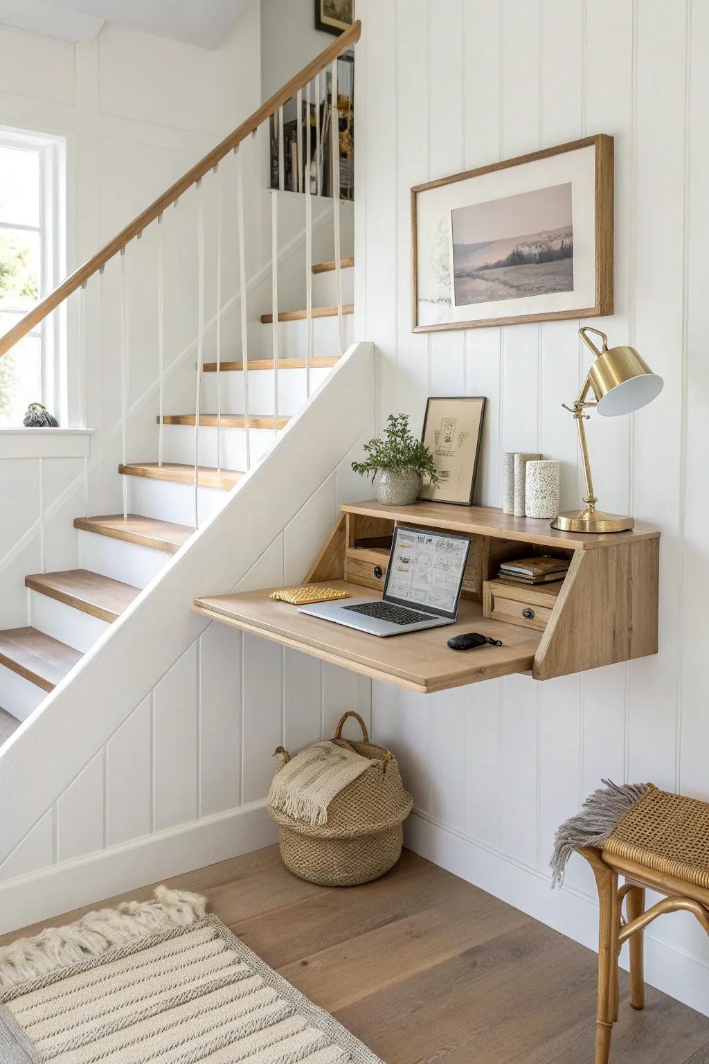Turn a stair landing into a micro office with a shallow floating desk and warm task light.