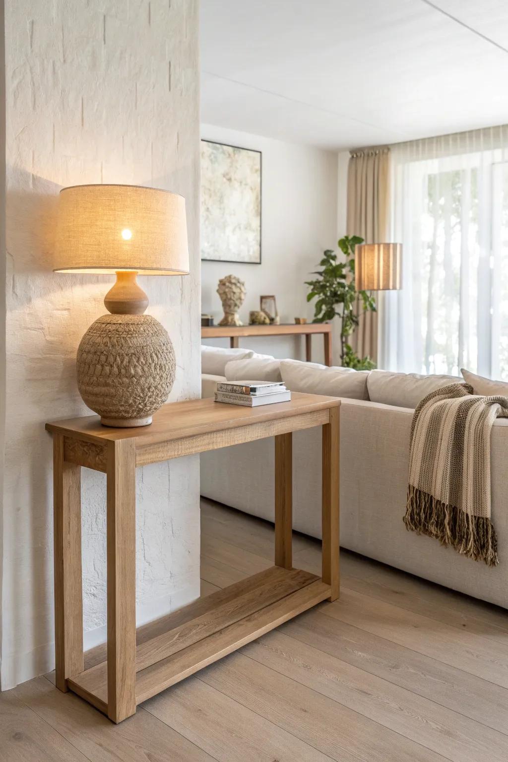 Turn the gap behind your sofa into a sleek function strip with a slim console and warm lamp.