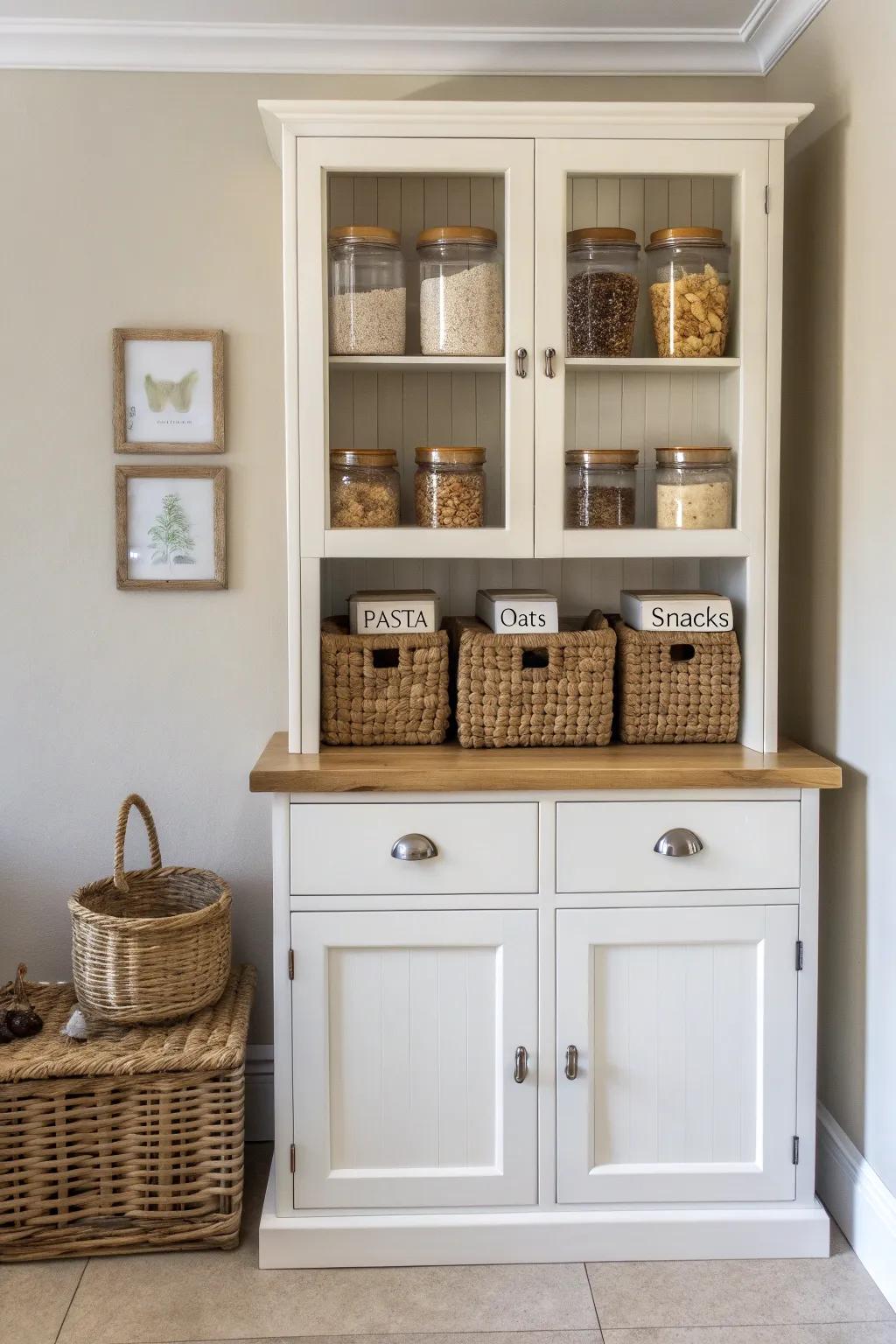 Turn an old hutch into a mini pantry—baskets, clear jars, and calm Scandi-boho style.