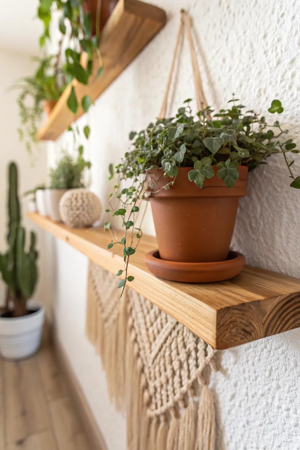 A slim picture ledge becomes a chic wall planter shelf—cozy greenery without crowding.
