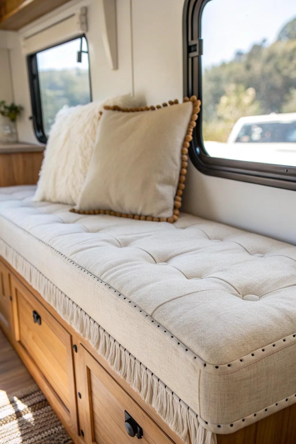 Custom linen dinette cushion turns a tiny camper table into a soft, all-day lounge nook.