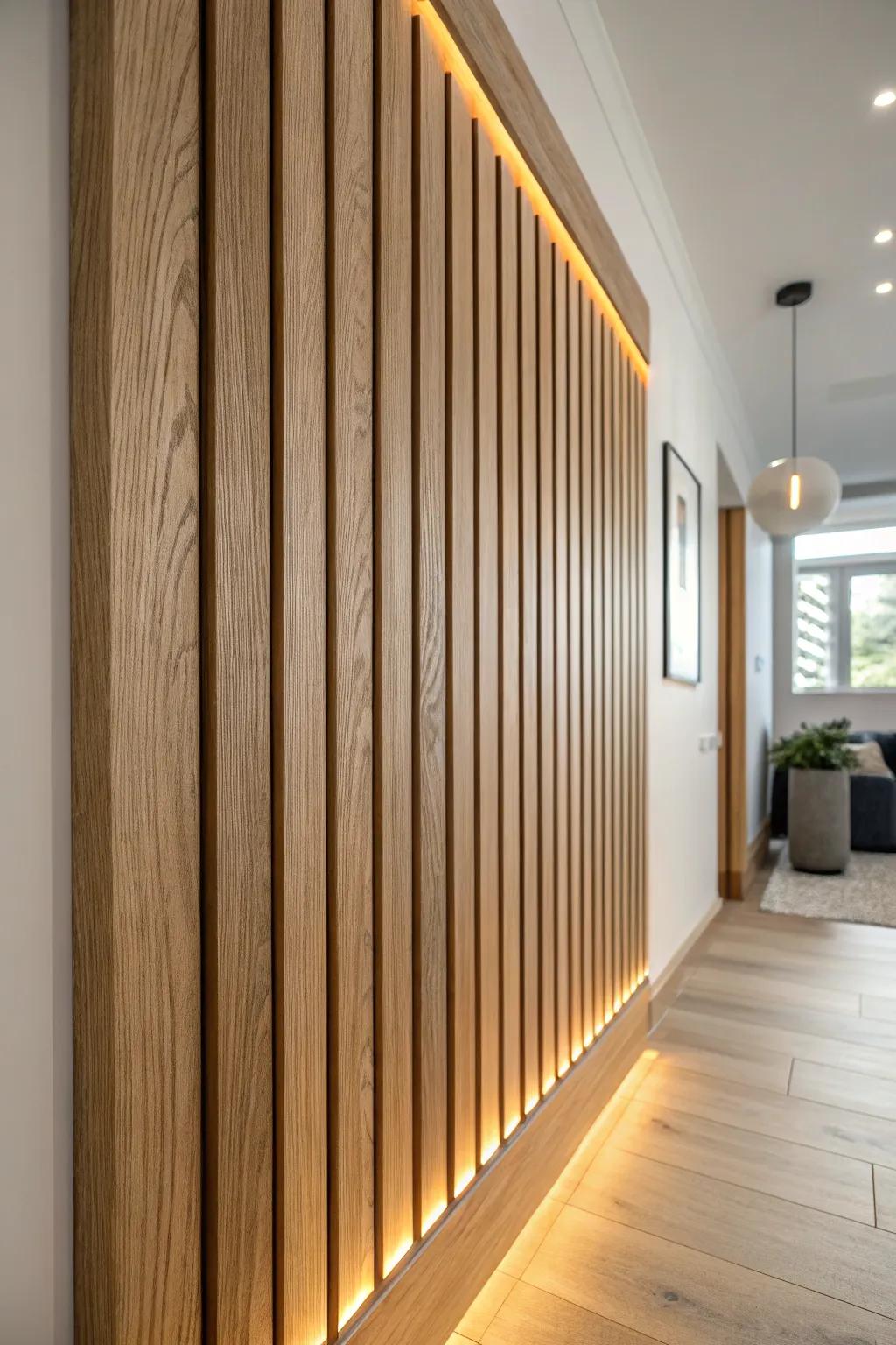 Warm hidden LEDs between oak slats add instant cozy glow—no extra lamps needed.